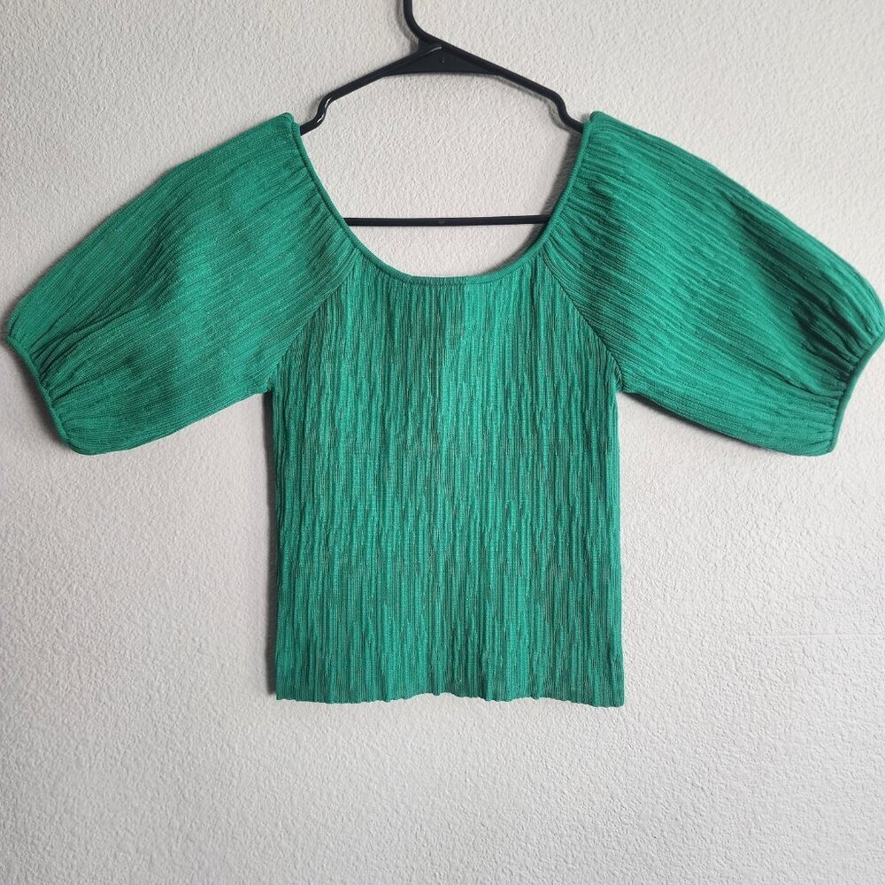 Simon Miller Shirt Womens Small Green Plissé Pleated Puff Sleeve Scoop Neck Knit